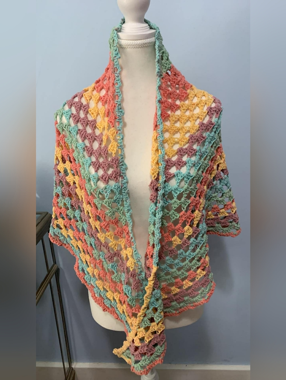 Hand-Crocheted Open Mesh Shawl in Mint, Coral & Yellow